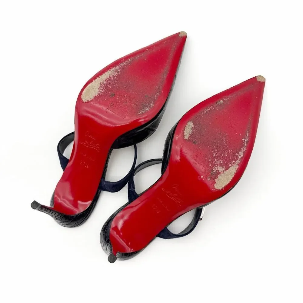 CHRISTIAN LOUBOUTIN Choc Lock Navy Blue Slide Size 37.5 US 7 Leather Heel Mule - Picture 11 of 13